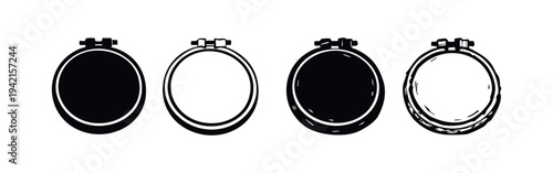 Embroidery hoop icons set. Crafting frame tool symbols vector illustration for needlework and textile art projects.