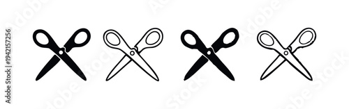 Crossed scissors icons set. Cutting tools symbols vector illustration for hairdressing, crafting, and tailoring.