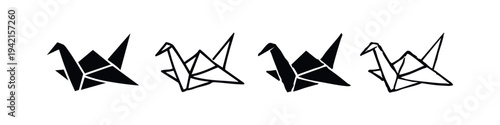 Origami paper crane vector icons. Japanese art and craft symbols set. Traditional folded bird graphic elements.