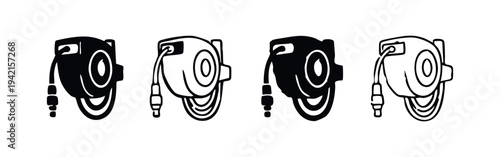 Hose Reel Icon Set. Garden hose on reel with nozzle in solid and outline style.