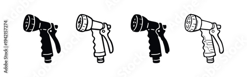 Garden Hose Nozzle Icon Set. Handheld sprayer for watering in solid and outline style.