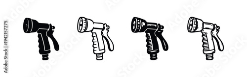 Water Sprayer Nozzle Icon Set. Adjustable hose nozzle for gardening in solid and outline styles.