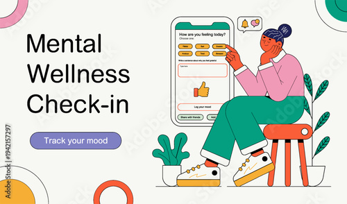 Online psychological help, mental health check using an app. A girl uses a mobile app to track her mood and mental health. Online psychotherapy concept. Psychologist App. Vector illustration. 