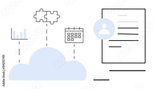 Data management, cloud storage, business planning, workflow organization, digital tools, analytics. Cloud icon linked to a user profile, calendar puzzle pieces and charts. Data management and cloud