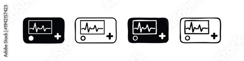 Portable Medical Device Icons Set with Heartbeat Display for Health Monitoring