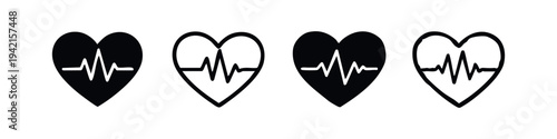 Heart with EKG Line Icon Set Representing Electrocardiogram and Heartbeat