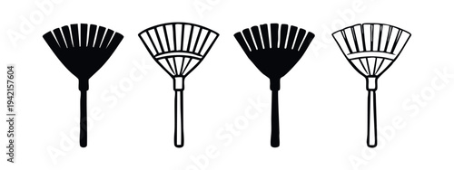 Leaf rake icon set, garden tool for yard clean-up and landscaping