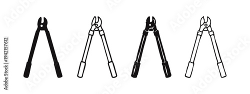 Long-handled loppers icon set. Hand drawn illustrations of heavy-duty garden shears in solid and outline styles.