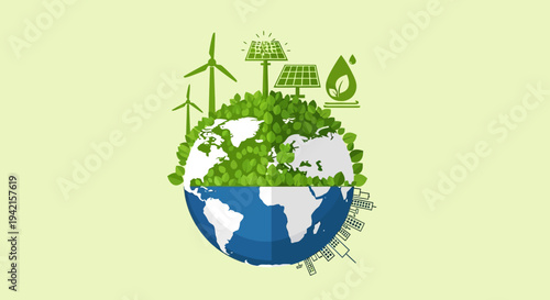 Vector eco friendly globe icon with green energy sources