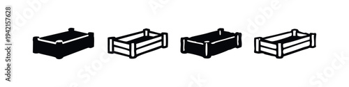 Wooden crate and planter box icon set. Hand drawn illustrations of rustic storage and garden containers.