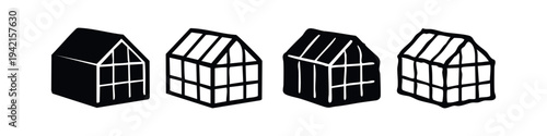 Pitched roof greenhouse icon set. Hand drawn illustrations of garden cultivation structures in solid and outline styles.