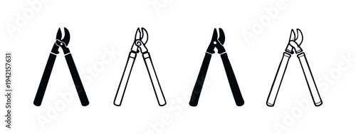 Garden loppers icon set. Hand drawn illustrations of pruning and branch cutting tools in solid and outline styles.