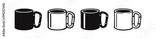 Drinking mugs icon set. Hand drawn illustrations of coffee cups and beer steins in solid and outline styles.