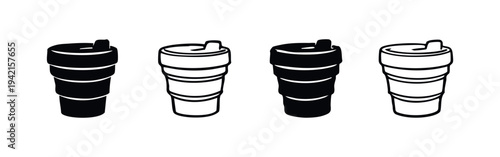 Reusable Travel Coffee Mug Icon Set with Lid in Black and White