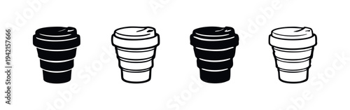 Insulated Reusable Coffee Cup Icons with Lids in Black and White