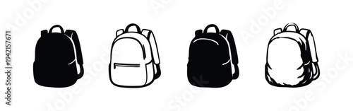 Classic School Backpack Icon Set for Travel and Education in Black and White
