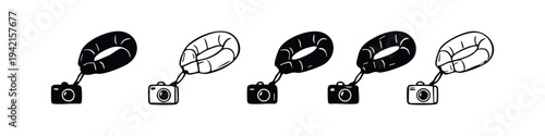 Floating Camera Strap Icons. Set of Black and White Waterproof Camera Buoy Illustrations for Underwater Photography