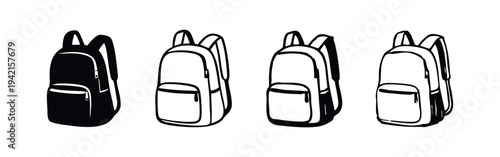 Everyday Backpack Icon Set with Front Pocket in Black and White