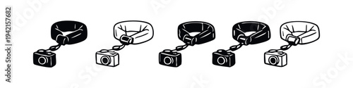 Floating Camera Neck Strap Icons. Set of Black and White Buoyant Camera Case Illustrations for Underwater Safety