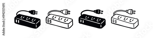 Power Strip Outlet Icons. Set of Black and White Surge Protector Illustrations with Electrical Plugs