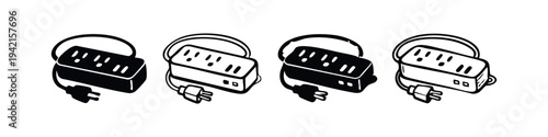 Power Strip with Coiled Cord Icons. Set of Black and White Electrical Outlet Vector Illustrations for Home Office