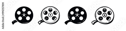 Film Reel Icons Set. Cinema and video production symbols for movies and entertainment.