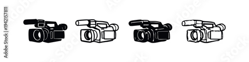 Video Camera Icons Set. Camcorder and filmmaking equipment symbols for media production.