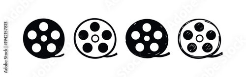 Film Reel Icons Set. Cinema and video production symbols in various styles.