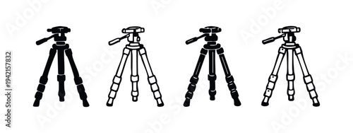 Camera Tripod Icon Set Black and White Vector Illustration