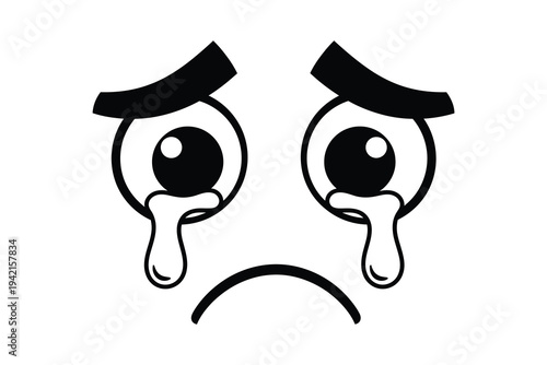 Sad face emoticon with tears, frowning and crying, expressing sorrow and grief, emotional distress, vector illustration, black and white, simple cartoon style, emoticon face.