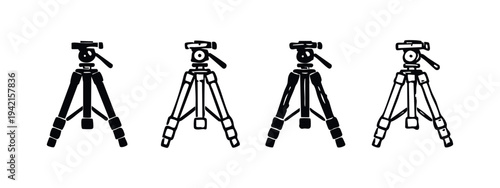 Camera Tripod Icon Set Black and White Vector Illustration