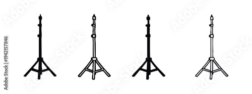 Professional photography studio light stand icons set, adjustable tripod.