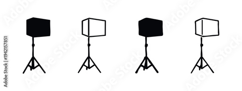Octagonal softbox and light stand icons set for professional photo and video.
