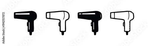Hair Dryer Icon Set. Black and White Stylized Hairdryer Symbols for Beauty and Salon Appliances.