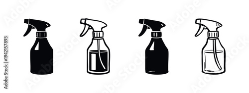 Spray Bottle Icon Set. Black and White Stylized Symbols for Hair Products and Cleaning Solutions.