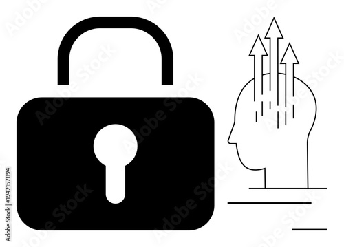 Cybersecurity concept. A padlock security, while a human head with upward arrows signifies innovation. Cybersecurity ensuring safety in technology and ideas. For tech, innovation, security