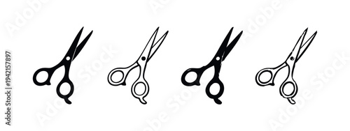 Hairdressing Scissors Icon Set. Black and White Stylized Barber and Salon Tool Symbols (Open).