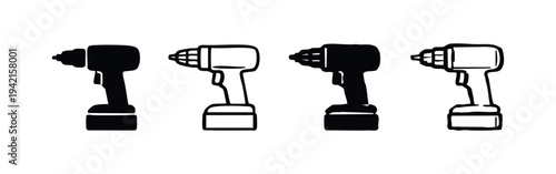 Simple black and white icons of cordless power drills in various styles, isolated on white background.