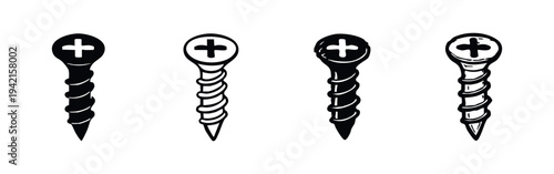 Phillips Head Screw Icons. Fastener Hardware and Construction Elements.