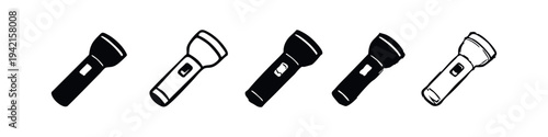 Simple black and white icons of flashlights in various styles, without light beams, isolated on white background.