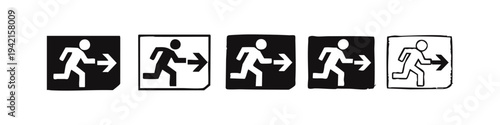 Black and white emergency exit sign icons with running person and arrow, in various styles, isolated on white background.