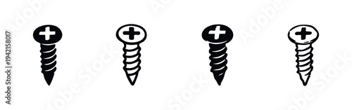Simple black and white icons of Phillips head screws in various styles, isolated on white background.