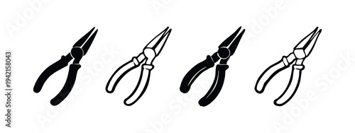Black and white icons of needle-nose pliers in various styles, angled view, isolated on white background.