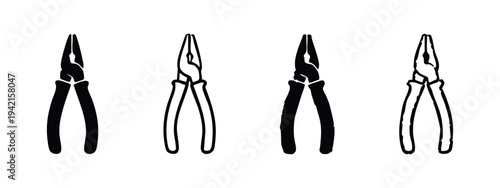 Black and white icons of combination pliers in various styles, front view, isolated on white background.