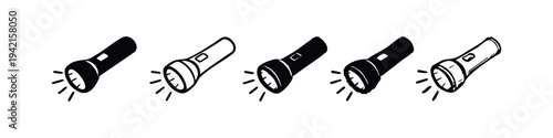 Simple black and white icons of illuminating flashlights with light beams, in various styles, isolated on white background.