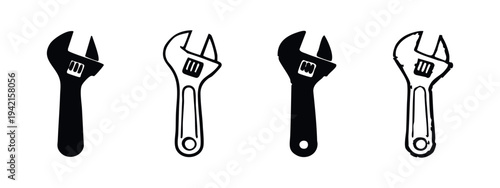 Black and white icons of adjustable wrenches in various styles, front view, isolated on white background.