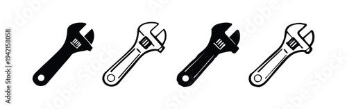 Black and white icons of adjustable wrenches in various styles, angled view, isolated on white background.