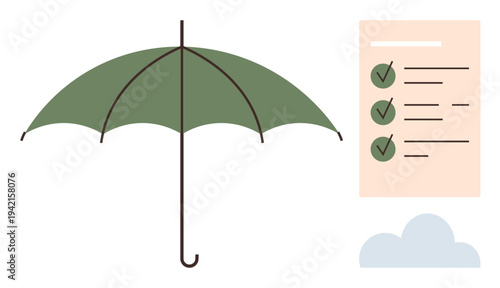 Risk management, financial planning, insurance, security, protection, reliability. A green umbrella, checklist with tick marks and cloud. Risk management and financial planning concepts