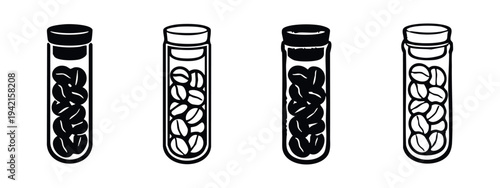 Coffee Beans in Glass Test Tubes Icons Set