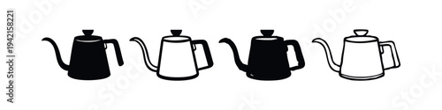 Gooseneck Pour-Over Coffee Kettle Icons, Barista Brewing Pot Symbol Set, Modern Coffee Equipment Vector